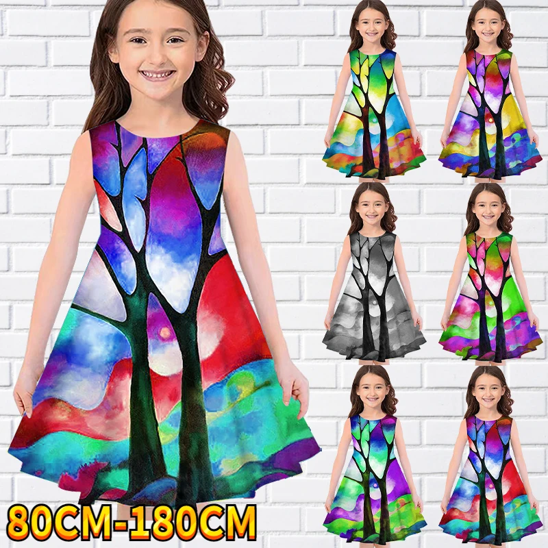 

Kids Little Girls Sleeveless Dress Girls Dress 3D Kids Tree Print Daily Casual Cute Sweet Over Knee Sleeveless Dress 80-180CM