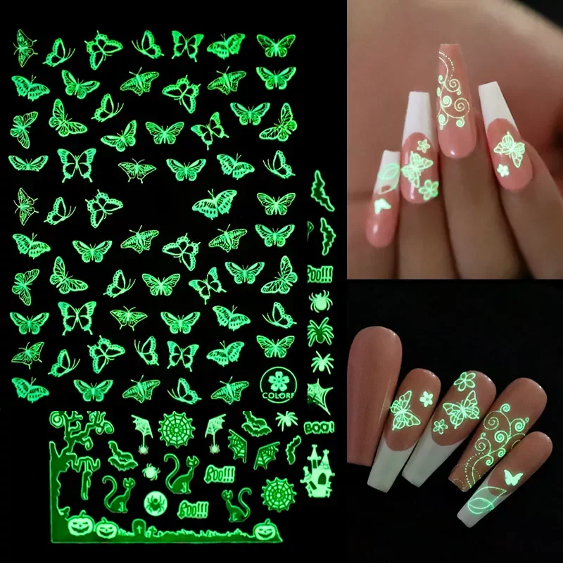 

3D Luminous Nail Stickers Flame Star Moon Halloween Design Glow in The Dark Slider Decals Manicure Decorations DIY