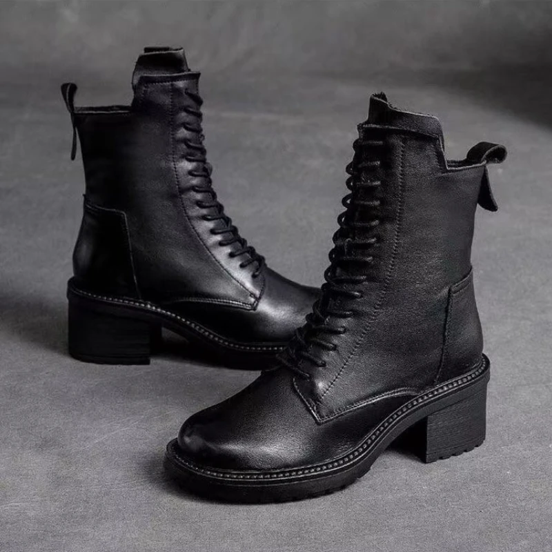 New Pu Leather High Quality Women's Boots Autumn Winter Square Mid Heel Ankle Boots Lace Up Zipper Ladies High Heels Botas Mujer