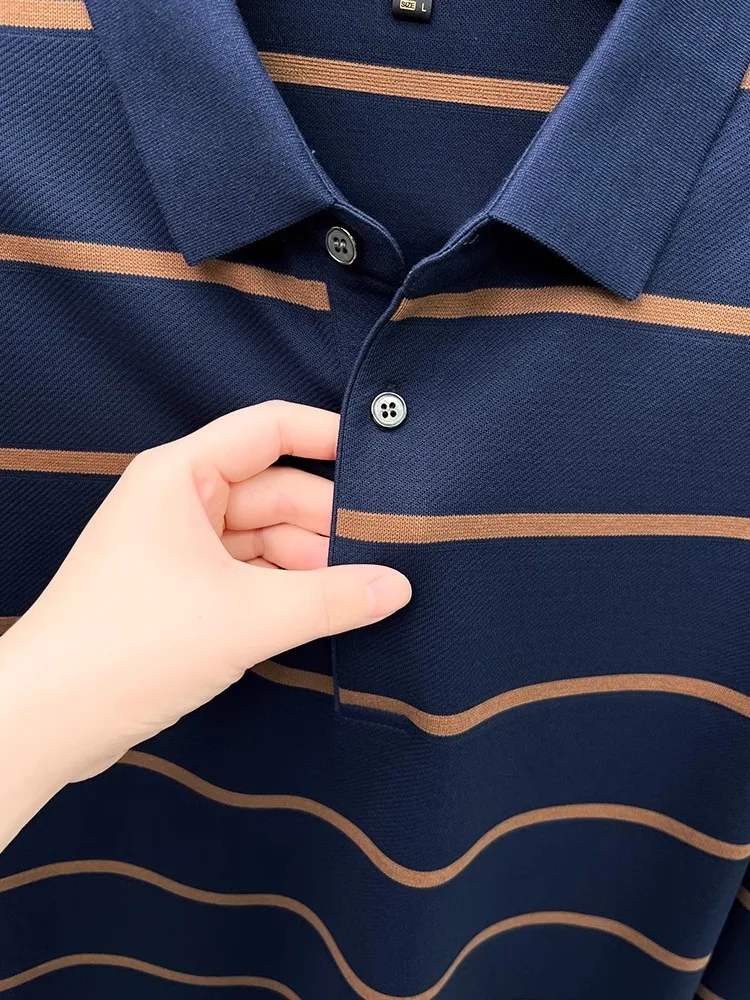 2024 Spring and Autumn New Long sleeve Polo Shirt Color Stripes Yarn-dyed Jacquard Stripe Middle-Aged Daddy Clothes High end ...