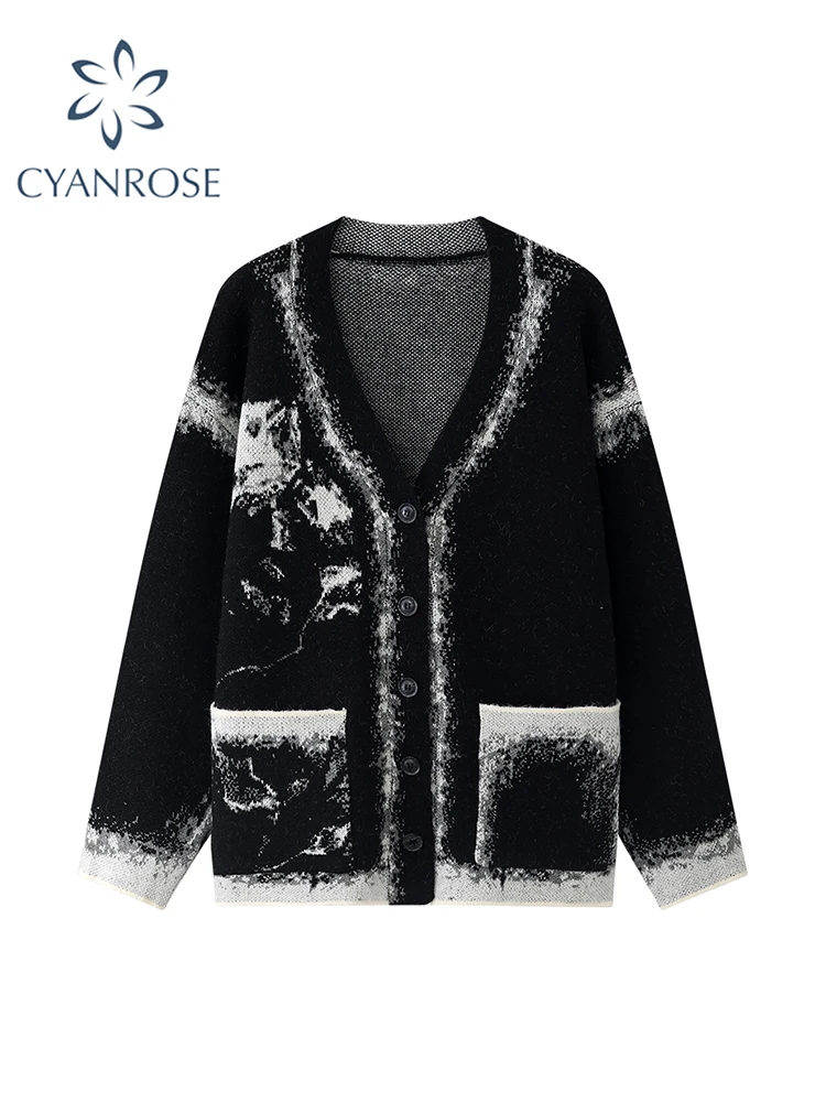 

Women Gothic Black Cardigan Knitted Sweater Fashion Ladies V-neck Long Sleeve Sweater Korean Y2k Vintage Jumper Sweaters Autumn