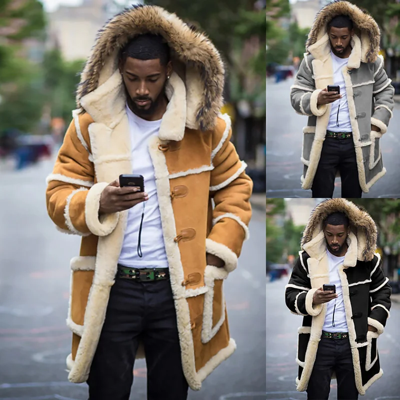 

2021 New Winter Thick Coat Men Suede Cotton Lamb Fur Hooded Jacket Fur Coats Punk Warm Leather Coat With Plush Inside Parkas