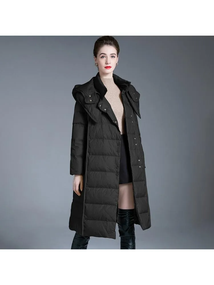 2022 Winter Hooded Long Black Thick 90 White Duck Down Coats Women High Collar Lace Up Single Breasted Windproof Warmer Jackets