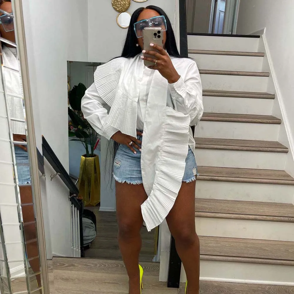 

Elegant Ruffle Women Blouses Pleated Striped Stand Collar Cardigan Irregular Shirt Fashion Party Club Shirt White Blouse 2022