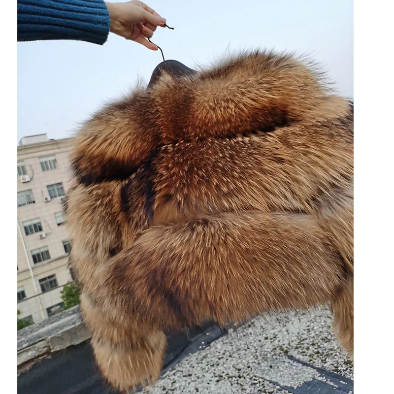 Maomaokong Real Fur Coat Women 100% Natural Raccoon Fur Jacket Female Winter Warm Fox Fur Coat High Quality Long Sleeve With Hat images - 6