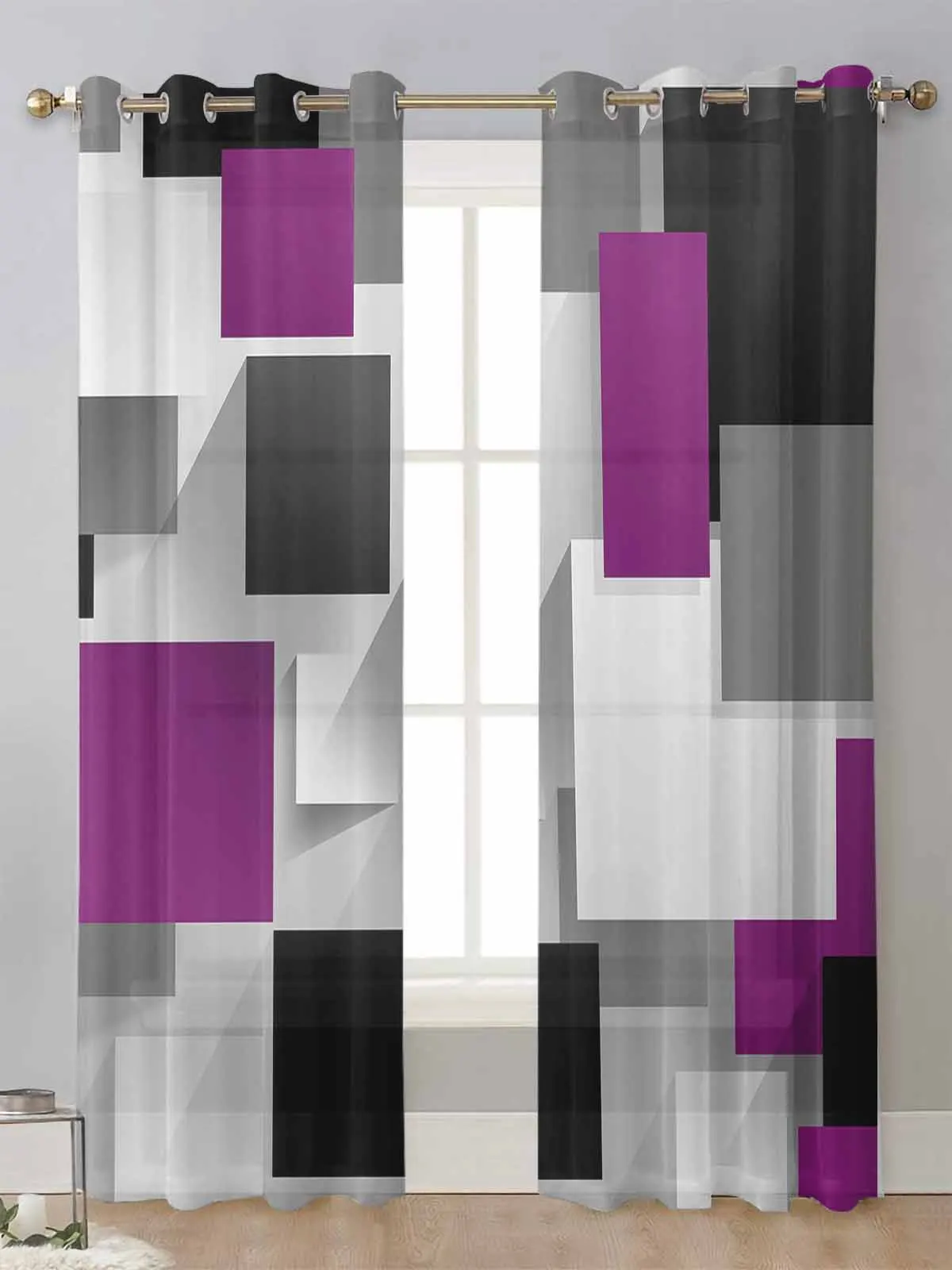 

Geometric Purple Gray Black Abstract Sheer Curtains For Living Room Window Voile Tulle Curtain Cortinas Drapes Home Decor