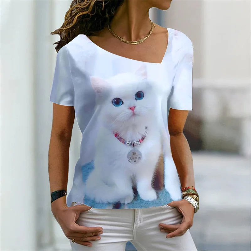 

Женская футболка с принтом кошки, Повседневная Базовая футболка с коротким рукавом и V-образным вырезом, лето 2022