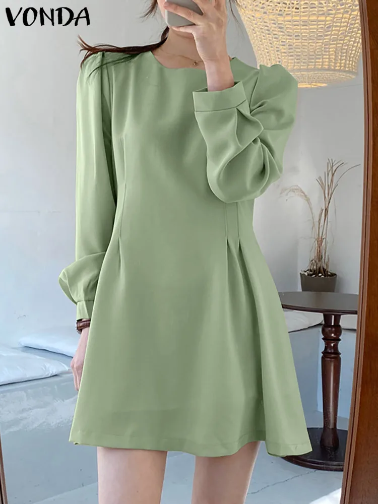

VONDA Elegant Office Dress Women Summer Mini Party Sundress 2023 Fashion Casual Pleated Long Puff Sleeve Short Vestidos Robe