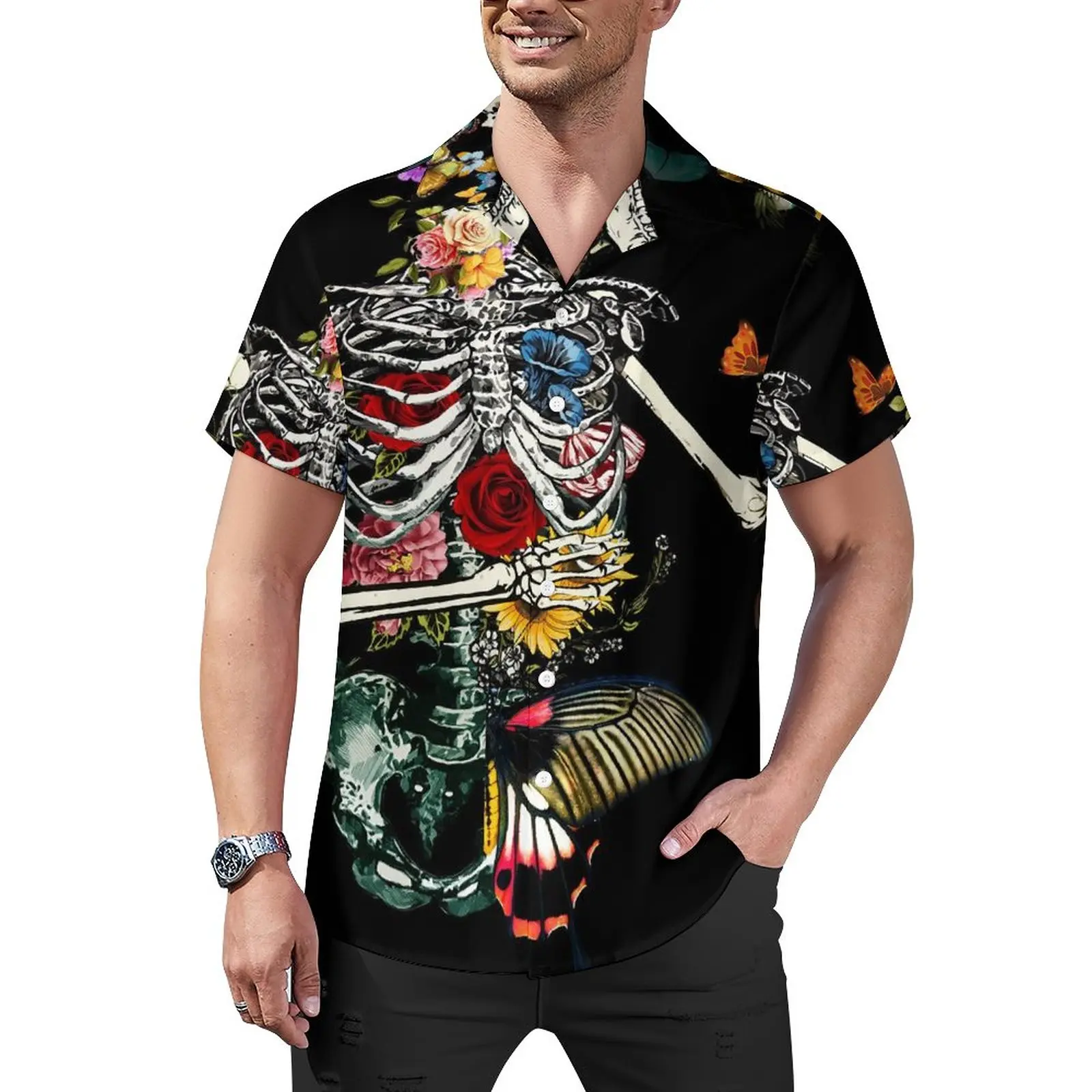

Крутая пляжная рубашка с изображением скелета, Гавайские повседневные рубашки с природным цветком, мужские винтажные Блузы с коротким рукавом, дизайнерский топ размера плюс