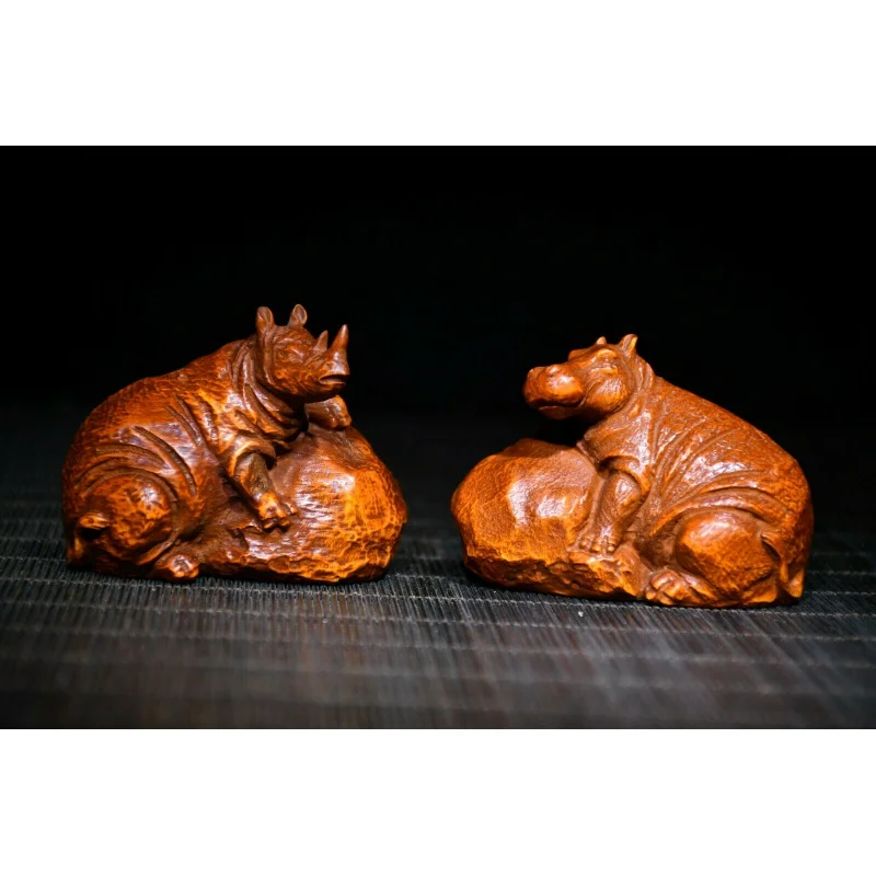 A Pair of Chinese Natural Boxwood Handmade Exquisite Rhinoceros Hippo Statues