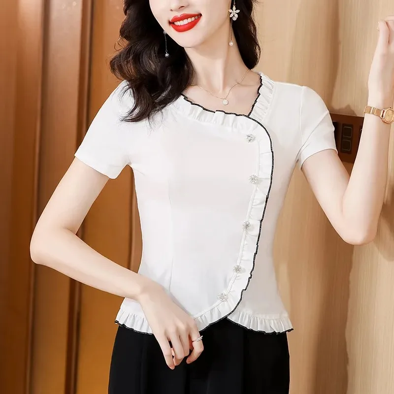 Лето 2023 новый дизайн чувственный топ с рюшами и талией женская футболка