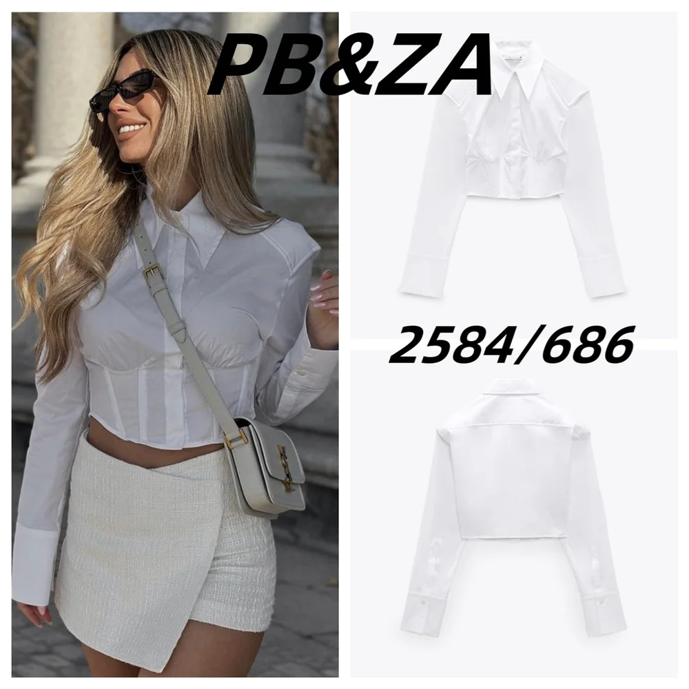 

PB&ZA 2023 spring new women's white fishbone waist high waist short long-sleeved shirt shirt design sense female 2584686
