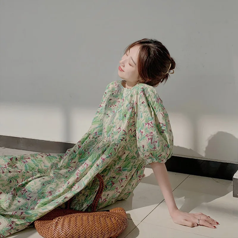 

2022 Summer New Niche Loose French Retro Puff Sleeves Green Floral Dress Women