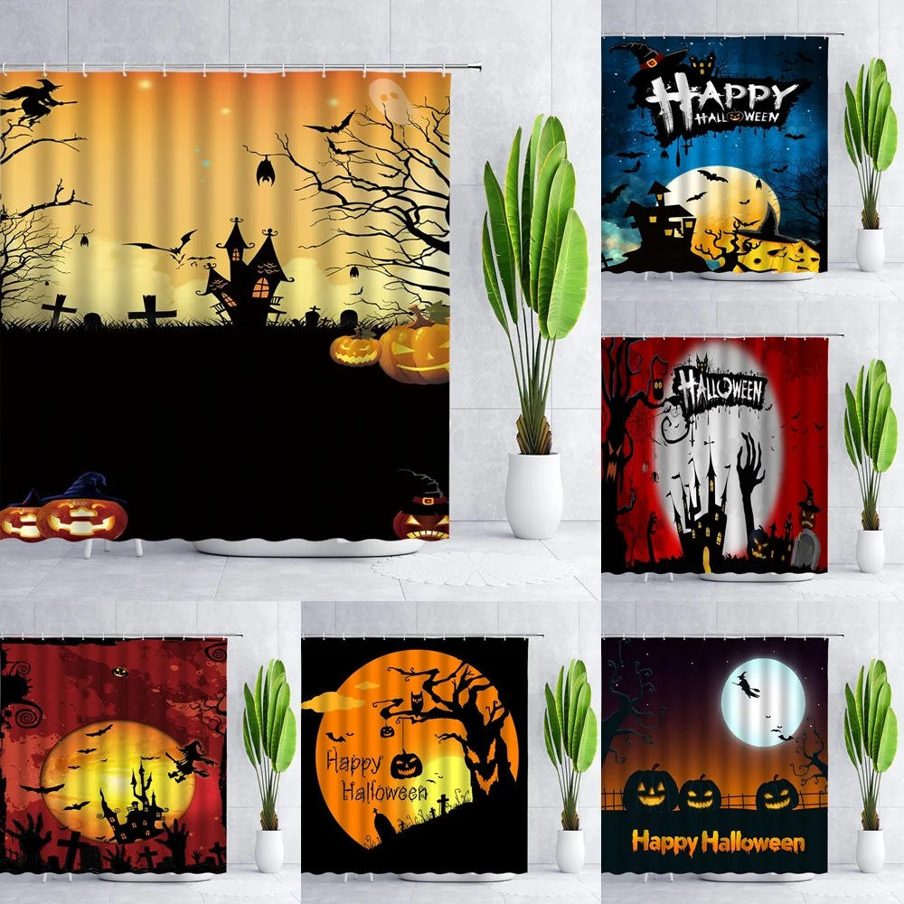 

Holiday Shower Curtain Halloween Decoration Owl Castle Moon Night Pumpkin Witch Scarecrow Bat Spooky Fabric Bathroom Curtains