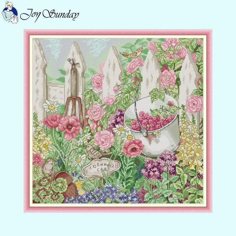 

Joy Sunday Floral Cross Stitch Kit Garden Scenery 14CT 11CT 16CT White Count Printed Canvas Fabric Needlework DIY Embroidery Set