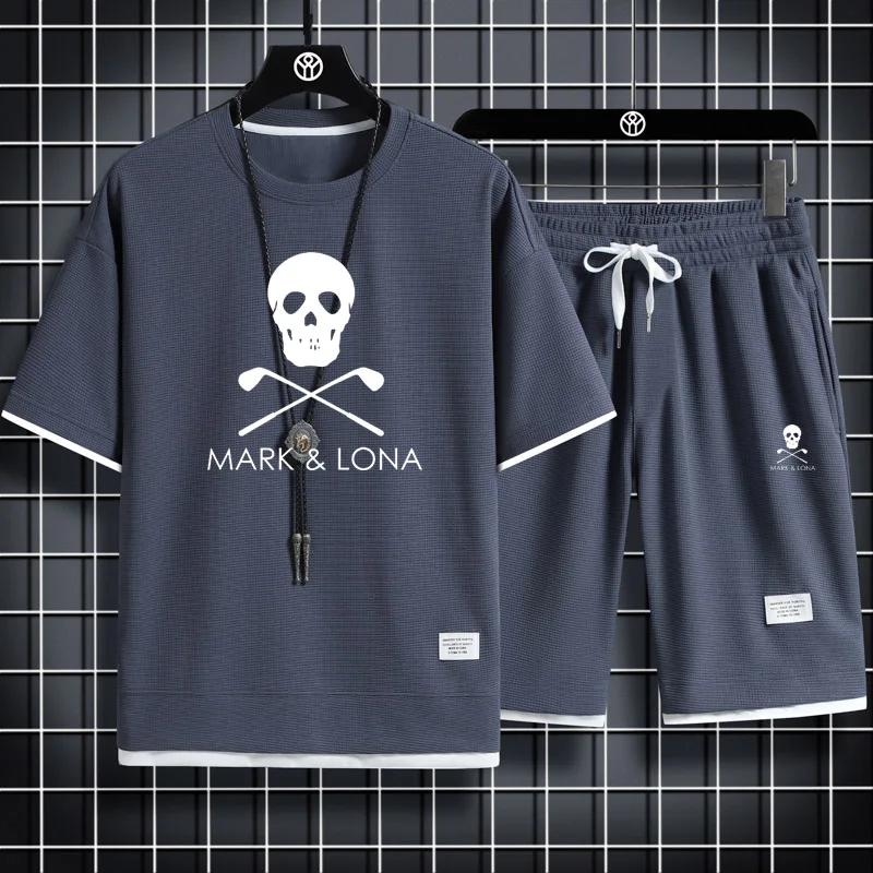 Men's MARK Golf Two Piece LONA Linen Casual T-shirt and Shorts Set Men's Sports Set Fashion Short Sleeve Sports Set