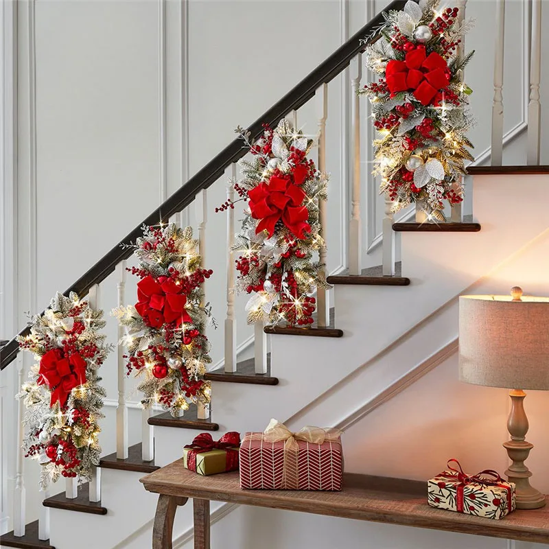 

1pc Cordless Prelit Stairway Swag Trim Lights Up Christmas Stair Decoration LED Wreath Prelit Stairway Swag Trim Garland