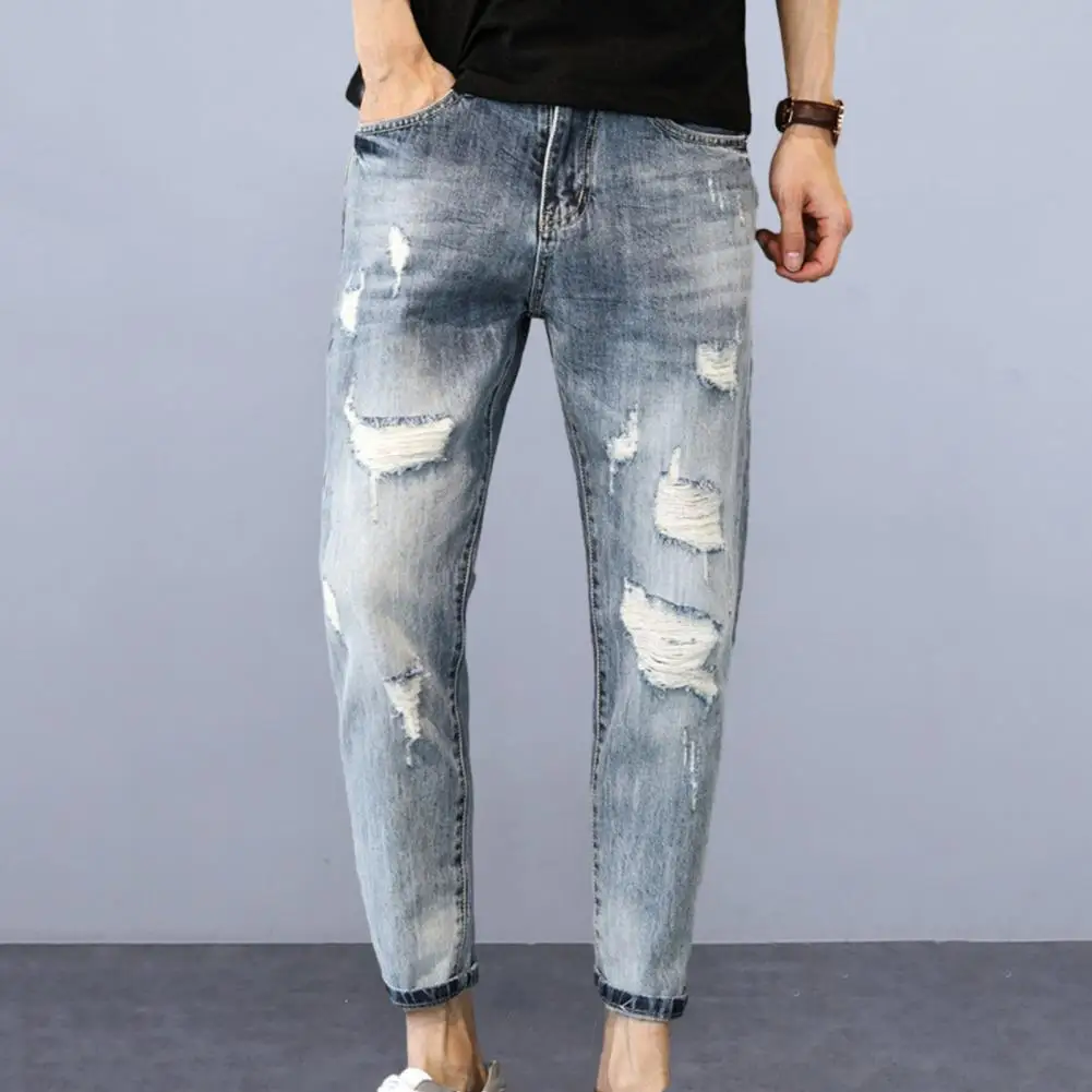 

Men Jeans Gradient Color Ribbed Holes Men Trousers Slim Fit Multi Pockets Ankle Length Ninth Pants Men Long Pants