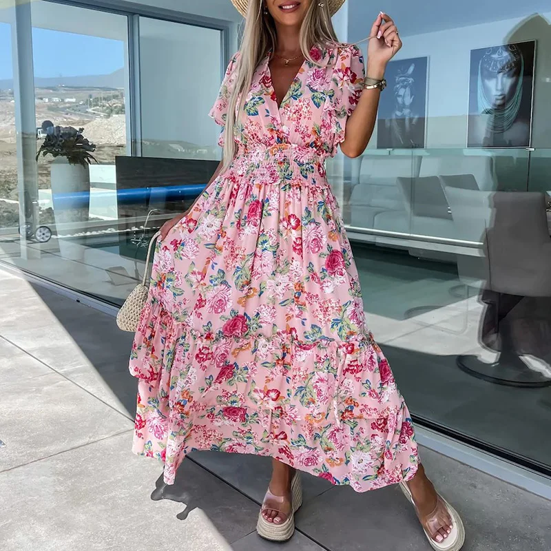 

Fashion Women V-neck Ruffled Beach Long Dress Elegant Elastic Waist Pleated Boho Dress Summer Short Sleeve Flower Print Dress