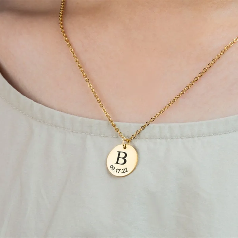 

Engraved Initial Necklace Family Birth Date Disc Round Pendant Minimalist Necklace Gifts for Her Personalized Jewelry Present