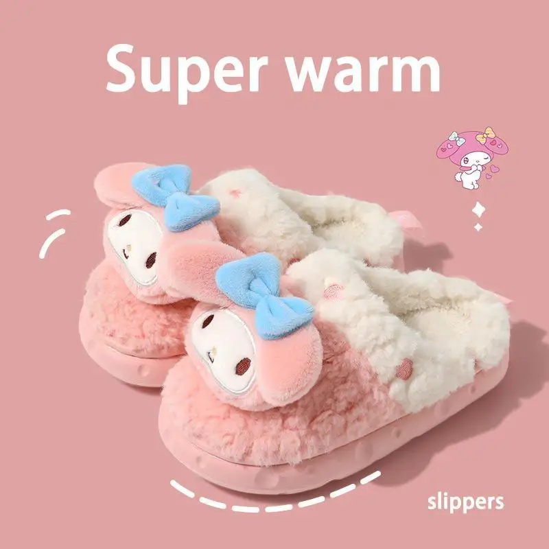 

Kawaii Sanrio Cotton Slippers Hello Kitty Melody Kuromi Cartoon Cute Keep Warm Winter Plush Heeled Shoes Parent-Child Christmas