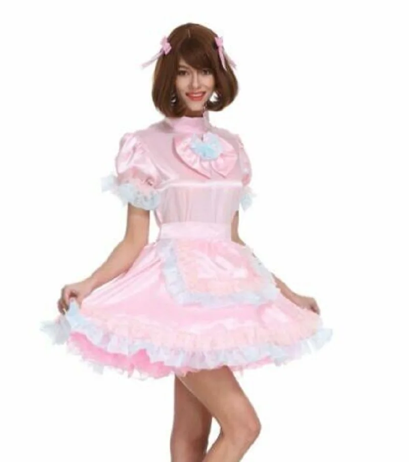 Розовая атласная шаль с закрывающимся бантом горничная рукавами-пузырями платье