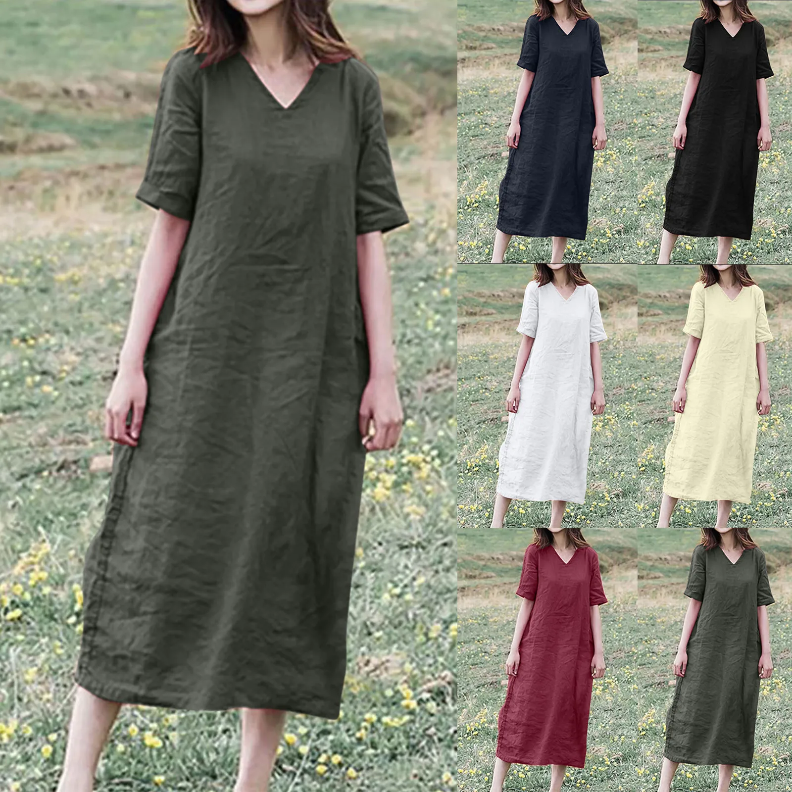 

Cutton And Linen Women's Long Dress Fashion V-neck Loose Short Sleeve Solid Mid-calf Long Dresses Vestidos Robe Femme Été
