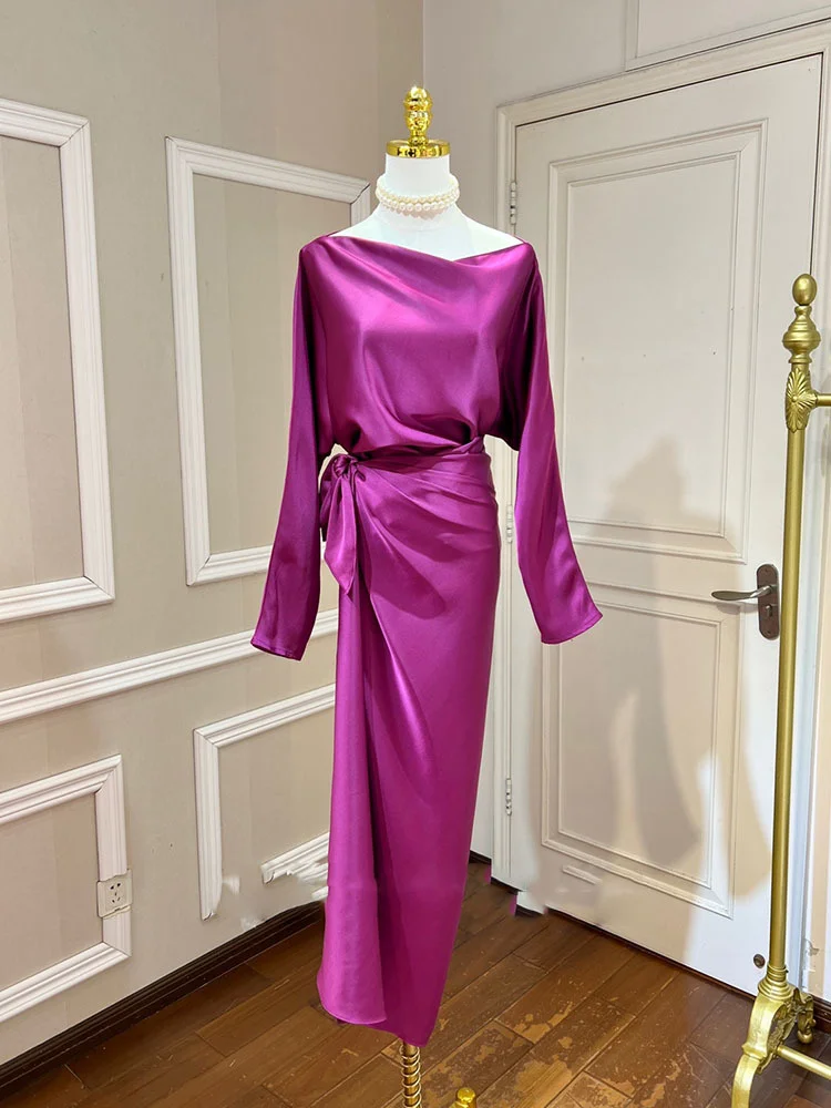 Women Dress Solid Long Sleeve Asymmetric Lacing Silkly High Waist Satin Dresses Casual Style 2022 Summer Fashion