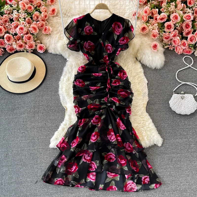 2023 Summer Casual Maxi Dresses for Women Elegant Robe Femme V-neck Floral Chiffon Bodycon Fishtail Dress Vestidos Feminino