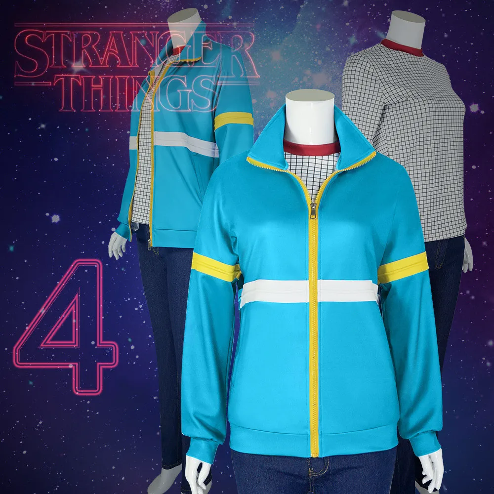 

Stranger Things Season 4 Max Cosplay Costume Max Mayfield Blue Hooded Zip Cardigan Jacket Dustin Max Outfit