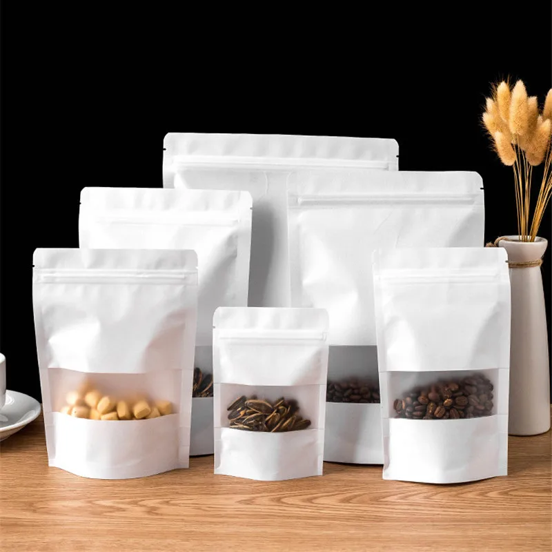 

50pcs Frosted Window White Kraft Paper Stand Up Ziplock Bags Thicken Food Tea Nuts Sealing Packaging