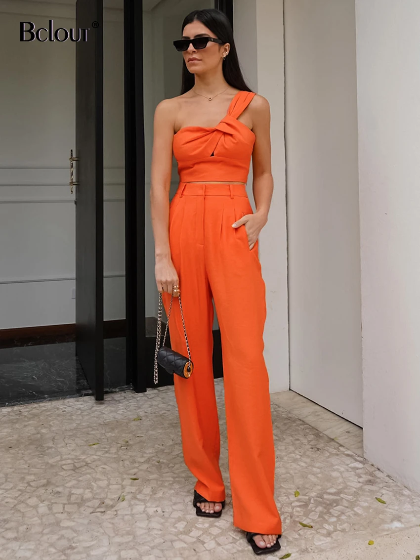 

Bclout Summer Orange Linen Pants Sets Women 2 Pieces Fashion Ruched Sexy Crop Tops Vacation High Waist Straight Pants Suits 2023