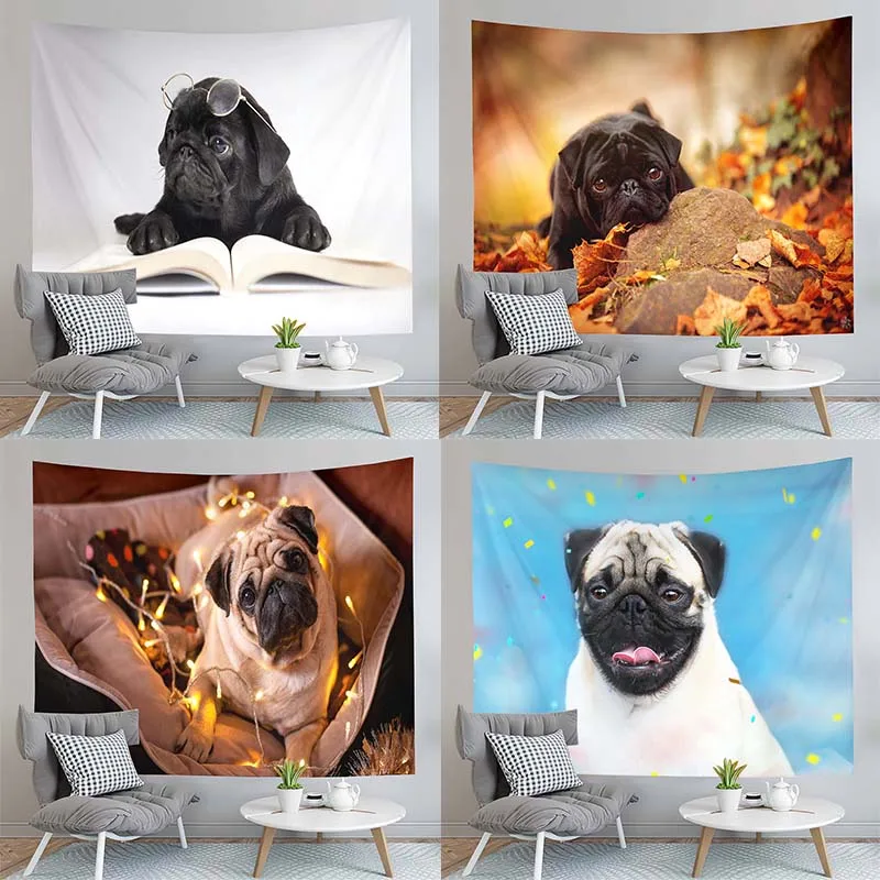 

Pug Tapestry Cute Black Animal Tapestry Autumn Leaves Tapestry Home Living Room Bedroom Wall Tapestry Can Be Customized