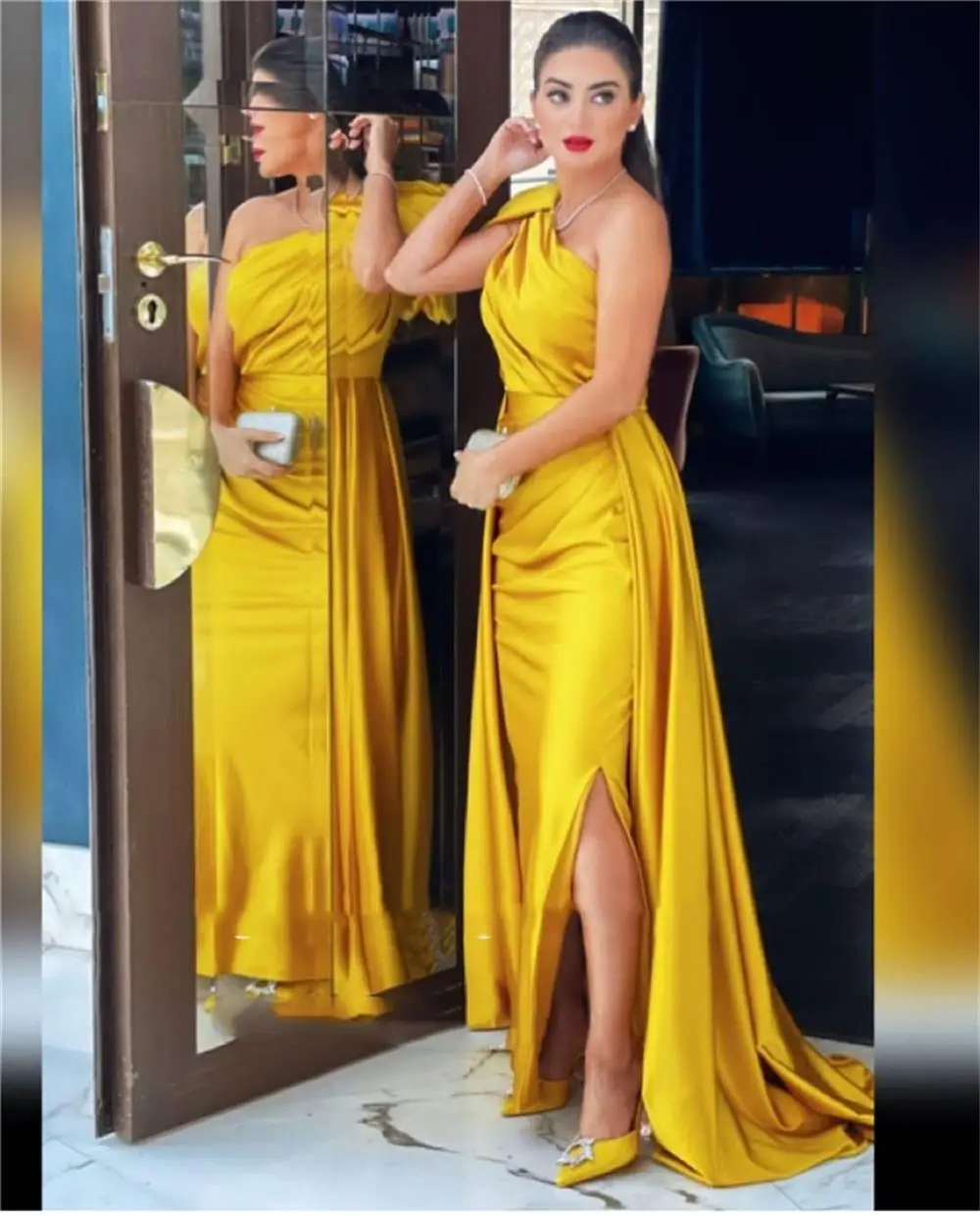 

Gold Long Evening Dresses With Detacachable Overskirt One Shoulder Slit Modern Formal Gowns Celebrity Party