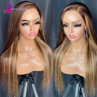Highlighted Lace Front Wig Human Hair 4/27 Colored Silk Straight Wig Dark Brown Highlight Honey Blonde Human Hair Silk Base Wig
