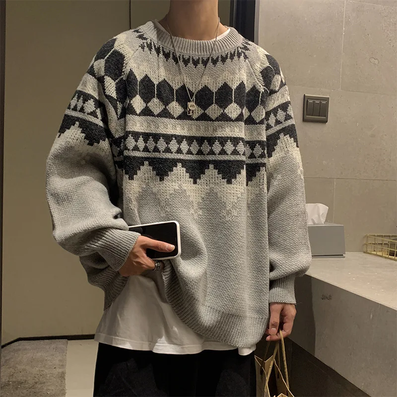 

Vintage Winter Grandpa Sweater Men Casual O-Neck Jacquard Sweater Oversized Pullover Hip Hop Korean Harajuku Clothes Warm Jumper