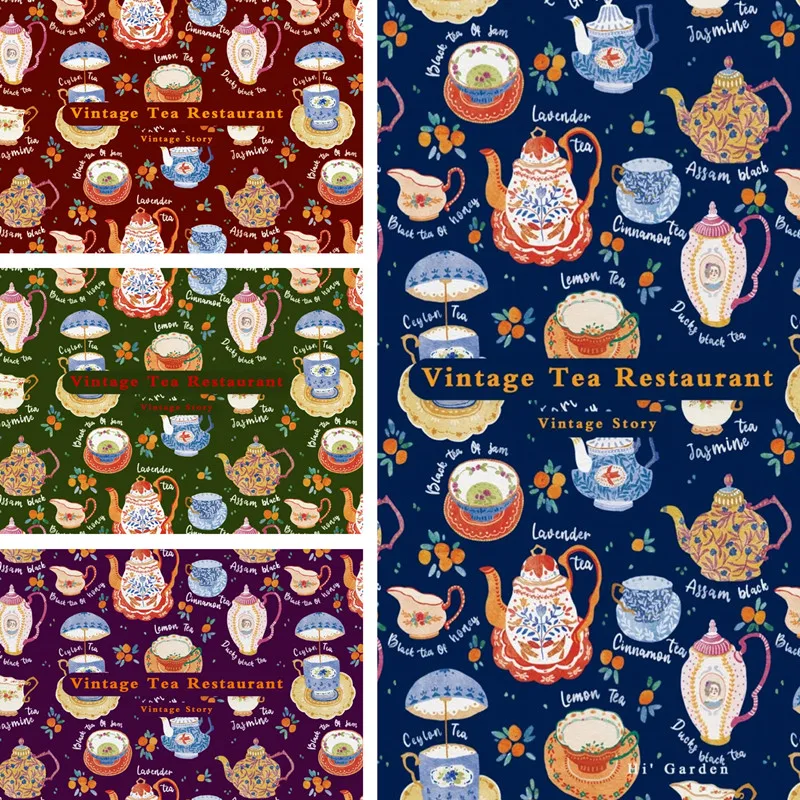 

Half Yard Plain 100% Cotton Fabric With China Wind Retro Teapot Print, Handmade DIY Garment Bag Dress Sewing Tissue CR-1692