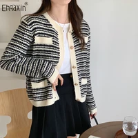 ehqaxin 2022 autumn new womens knitwear fashion korean retro striped temperament loose sweater cardigan coat ladies one size