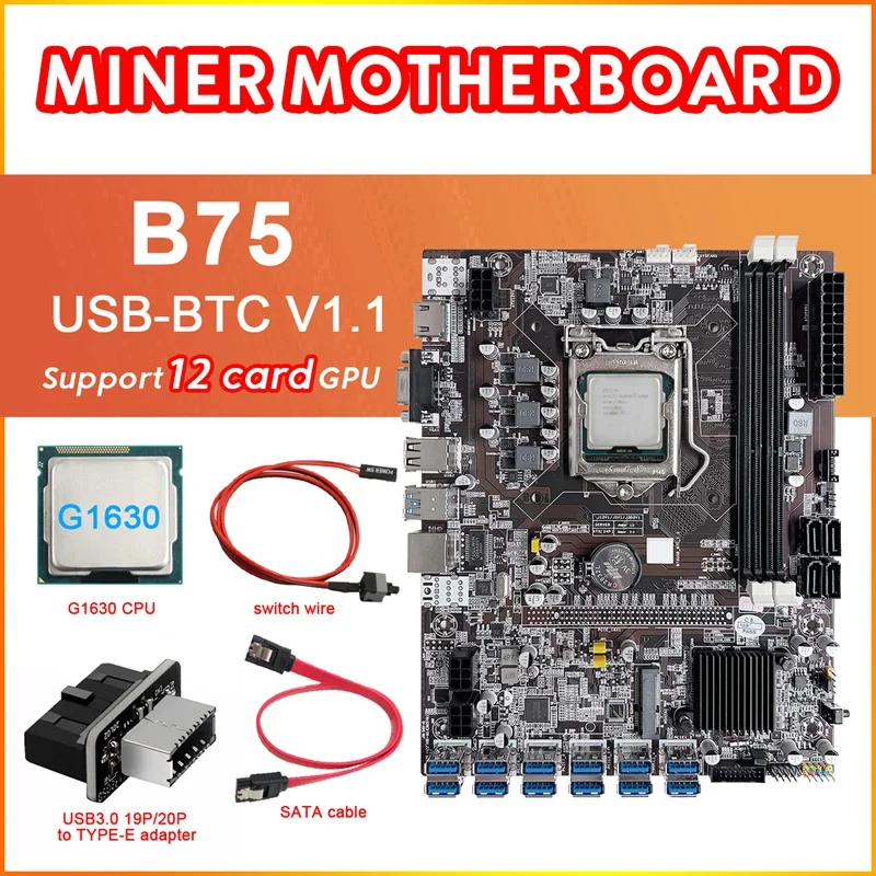 B75 12 Card BTC Mining Motherboard+G1630 CPU+USB3.0 Adapter+SATA Cable+Switch Line 12XUSB3.0 Slot LGA1155 DDR3 RAM MSATA