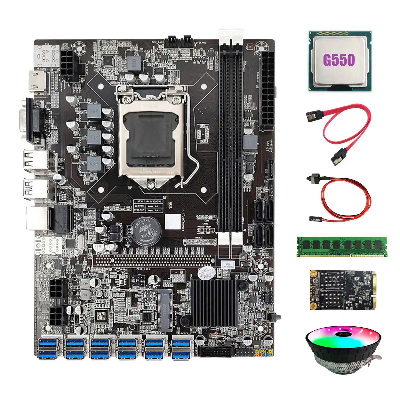 

B75 BTC Mining Motherboard 12 USB+G550 CPU+RGB Fan+DDR3 4GB 1600Mhz RAM+128G SSD+Switch Cable+SATA Cable Motherboard