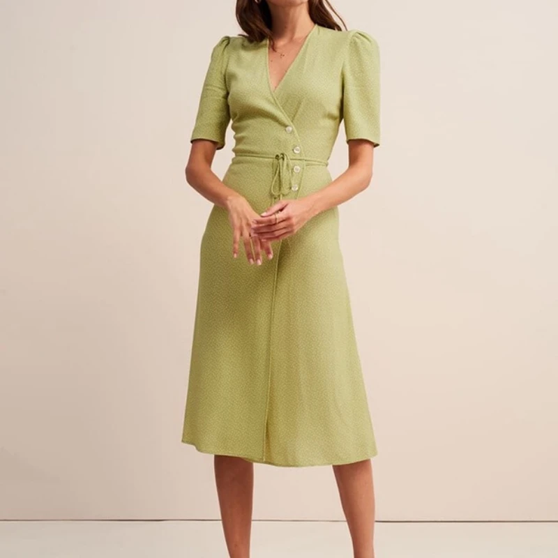 

V-Neck Polka Dot One Piece Wrap Tie Dress Women's Summer 2022 Commuter Versatile Slim Single Breasted Short Sleeve Robe