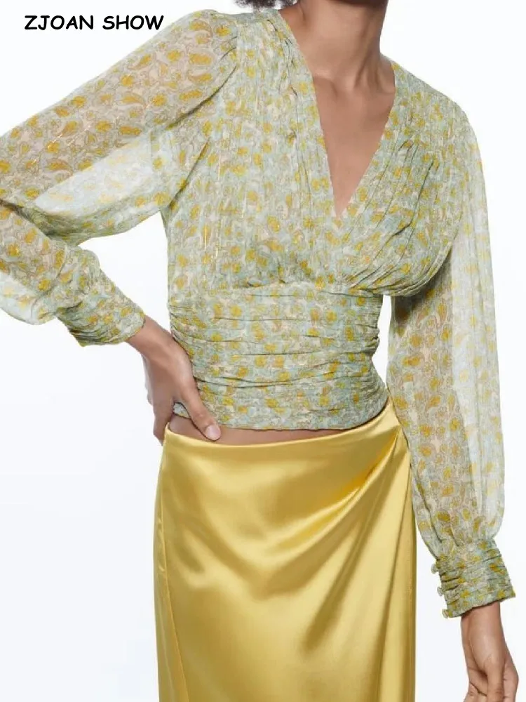 

Женская короткая блузка с V-образным вырезом, зеленая облегающая блузка с цветочным принтом и длинными рукавами-фонариками