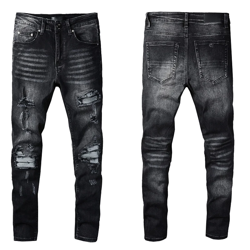 

2022 black gray hole scraped and make old patched cloth American style slim skinny men's jeans high street trousers tide 816