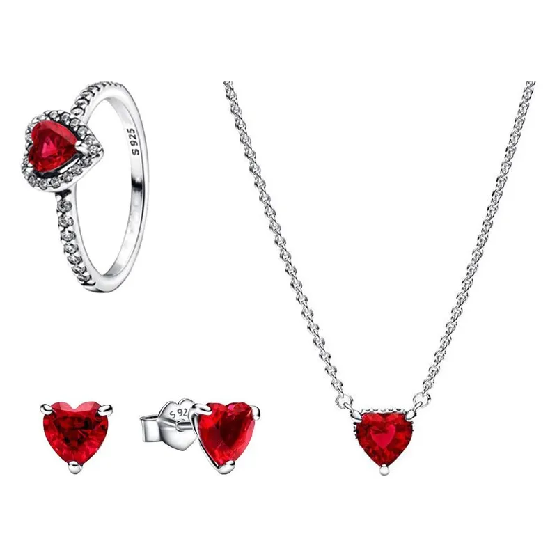 

Valentine's Day Gift Red Heart Stud Earring Ring Sparkling Heart Halo Pendant Collier Necklace Elevated 925Sterling Silver Charm