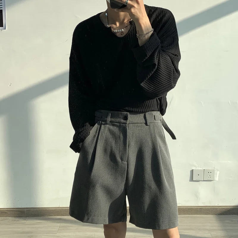 

Summer Grey/Black Suit Shorts Men Fashion Society Mens Dress Shorts Korean Style Loose Straight Shorts Mens Casual Shorts M-XL