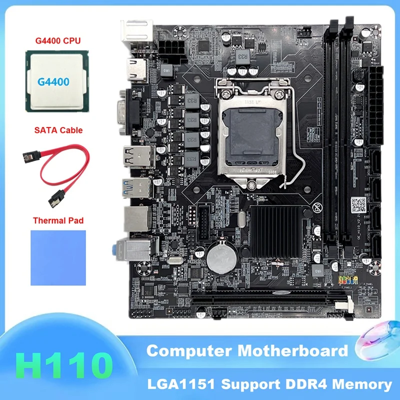 

H110 Computer Motherboard LGA1151 Supports Celeron G3900 G3930 Series CPU With G4400 CPU+SATA Cable+Thermal Pad
