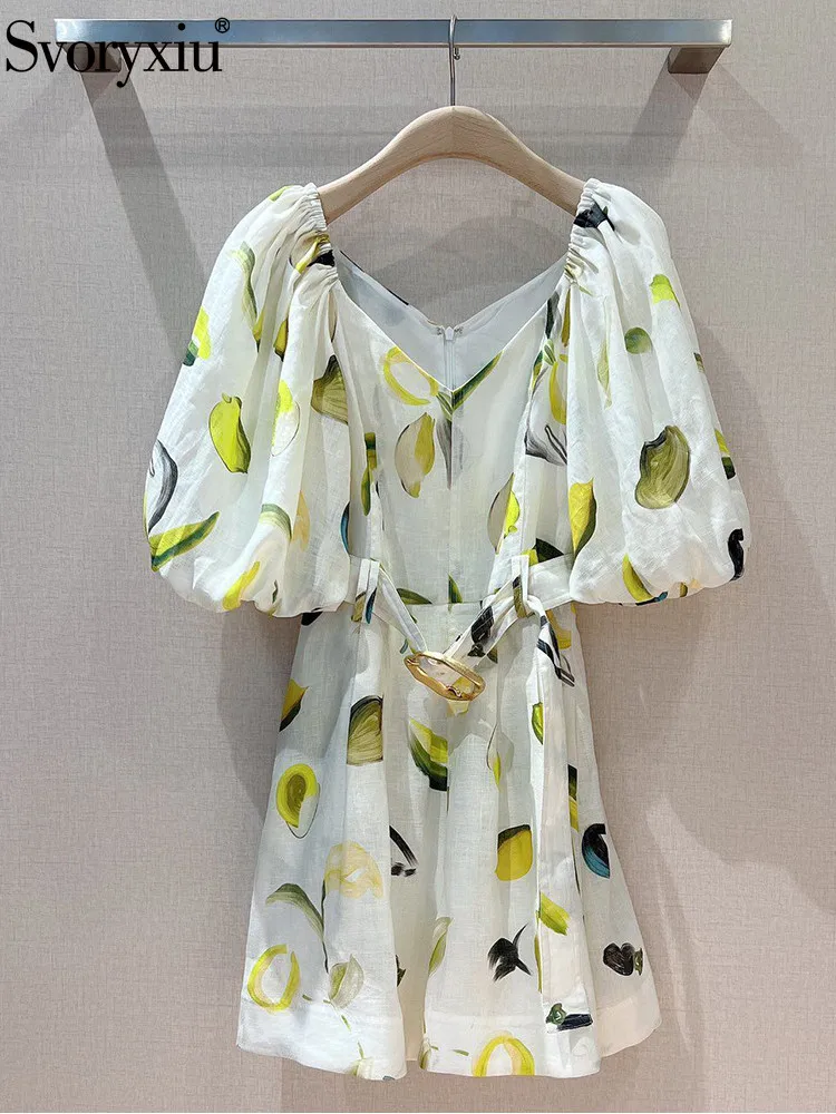 

Svoryxiu Summer Runway Designer Linen Mini Dress Women Fashion Puff Sleeve Sashes Gorgeous Print High Waist Slim Vacation Dress