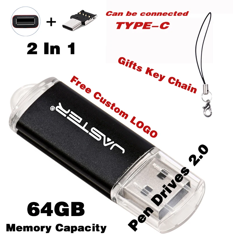 TYPE-C 2 In 1 Free Custom LOGO Black Pen Drives 64GB USB Flash Drive Gifts Key Chain Memory Stick Wedding Photography Gifts