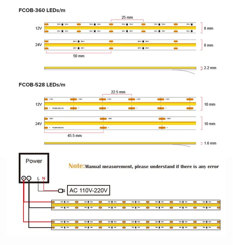 FCOB LED Strip Light 360 528 LEDs High Density Flexible FOB COB Led Lights RA90 Warm Nature Cool White Linear Dimmable DC 24V. |