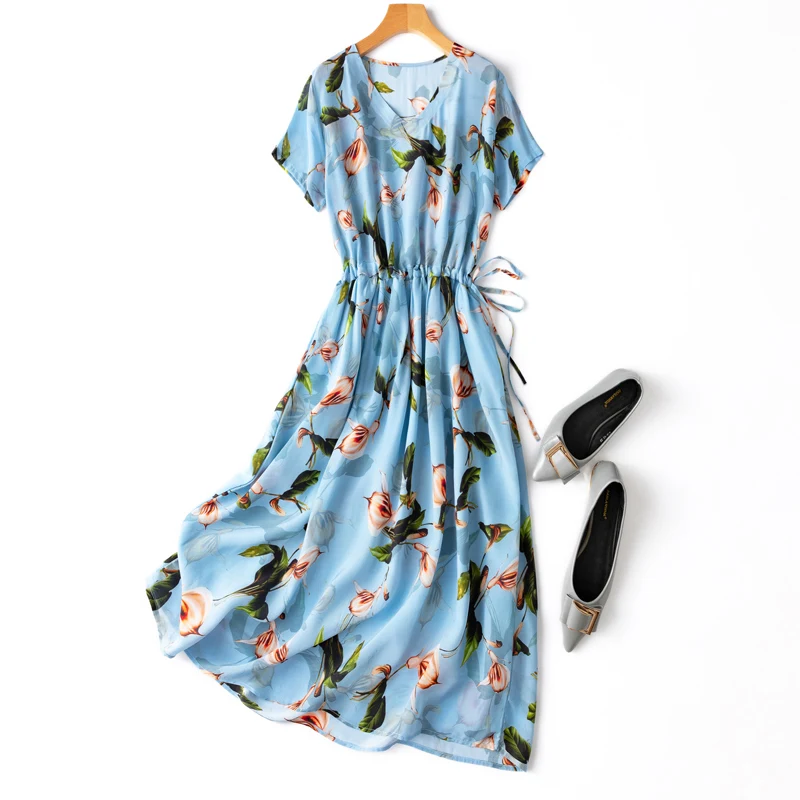 

2022 Summer Natural Silk Women Boho Long Maxi Dress Prairie Chic A-LINE Mid-Calf Vestidos Largos De Verano Para Mujer
